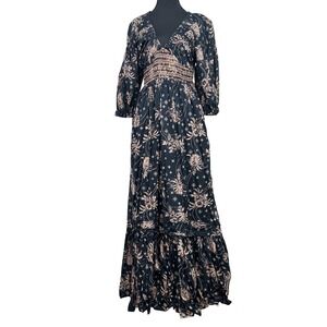 Free People XS Babydoll Milkmaid Maxi Dress Black Stretchy Floral Tiered Boho